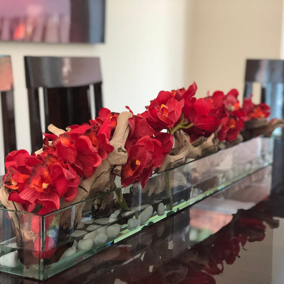48″ Casa Moderna glass plate planter with red Cymbidiums