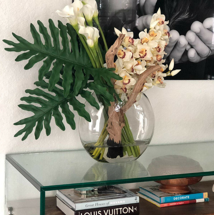 Lunar Vase with Cymbidiums and Calla Lilies.
