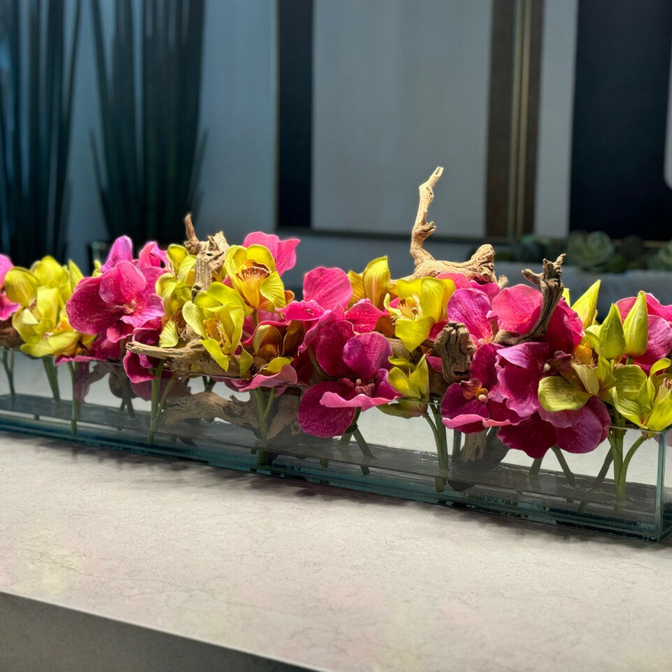 Casa Moderna Glass Planter With Pink Vandas And Green Cymbidiums