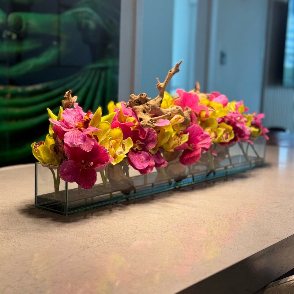 Casa Moderna Glass Planter With Pink Vandas And Green Cymbidiums