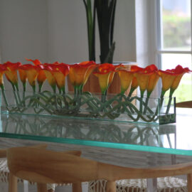 36″ Casa Moderna glass plate planter with mango callas